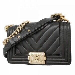 Chanel Boy Shoulder Bag, V-stitch Chain Lambskin, Black/Champagne, Women's